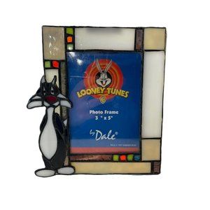NOS VTG Sylvester Looney Tunes 1996 Stained Art Glass Picture Frame By Dale Read